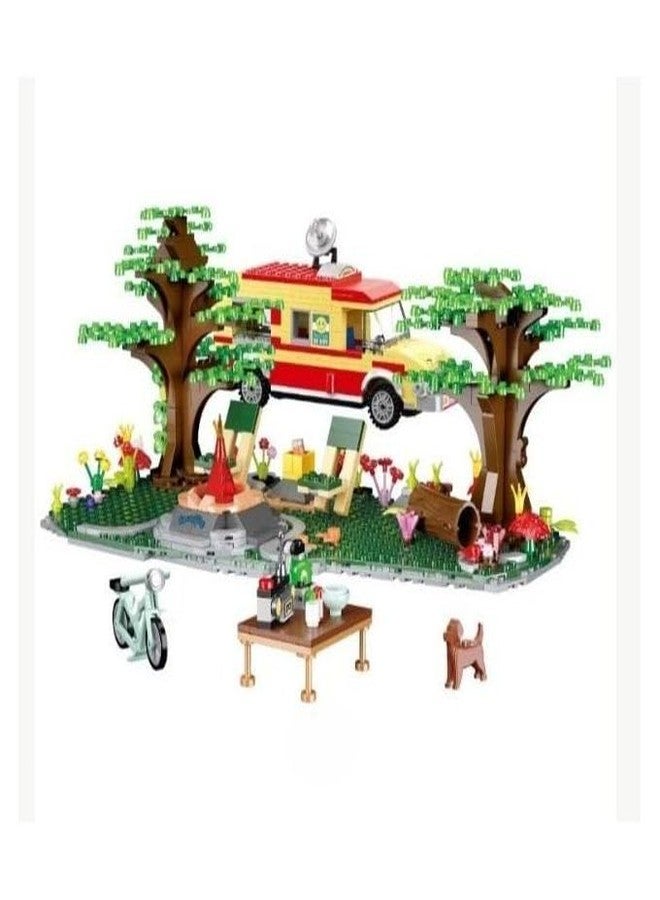 CIRBOX Camper Van Camping Building Blocks Set | Outdoor Picnic Scene with Trees, Firepit, Bike & Accessories | Creative DIY Brick Toy for Kids - Image 2